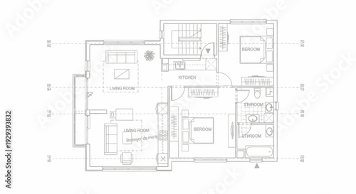 Detailed architectural floor plan blueprint drawing of house apartment layout on isolated white background