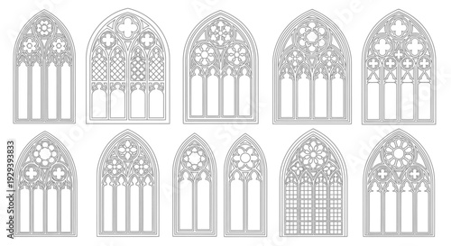 Collection of intricate Gothic style arched windows architectural elements on isolated white background
