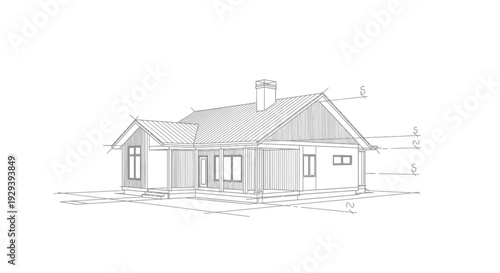 Side elevation architectural blueprint drawing of traditional single-story house with chimney on isolated white background