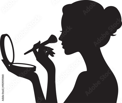 Black silhouette woman applying makeup with brush and mirror
