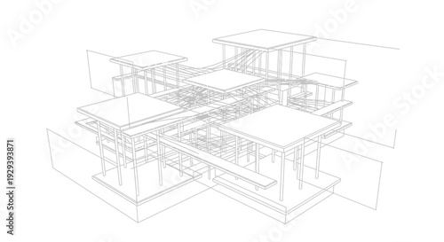 Detailed architectural wireframe blueprint drawing of multi-story building structure on isolated white background