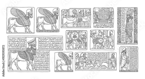 Ancient Mesopotamian cylinder seals with mythical creatures and cuneiform script