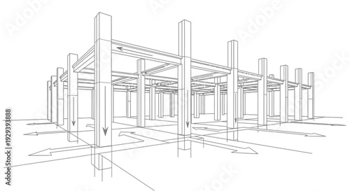Architectural wireframe blueprint drawing of building structural framework under construction on isolated white background