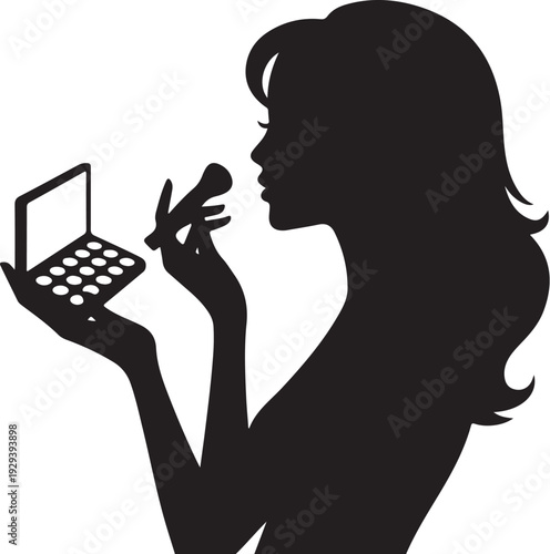 Black silhouette woman applying makeup with brush and palette