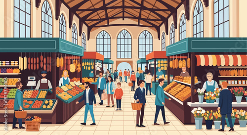 Bustling Indoor Market Hall with Diverse Stalls and Shoppers
