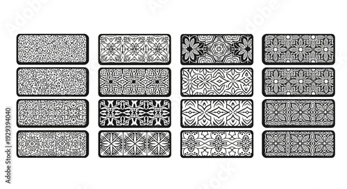 Collection of 16 Ornate Black and White Geometric Patterns Rectangular Frames