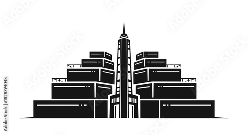 Modern City Skyline Silhouette Icon with Tiered Buildings and Spire, on Isolated White Background.