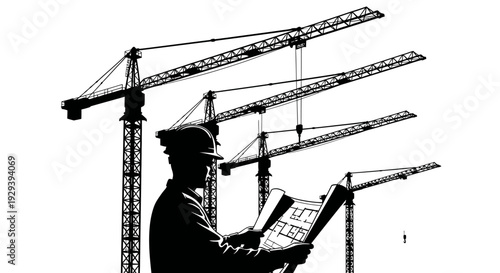 Focused construction professional holding blueprints overseeing a large urban building project with multiple cranes in silhouette