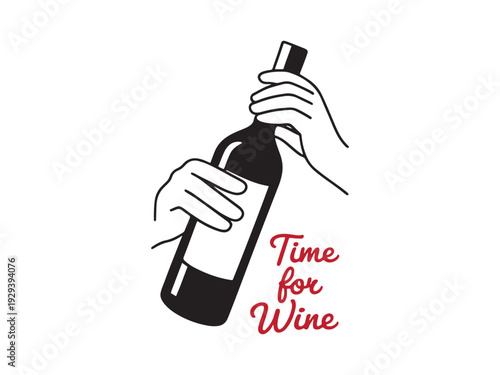 Hand holding wine bottle time for wine lettering vector