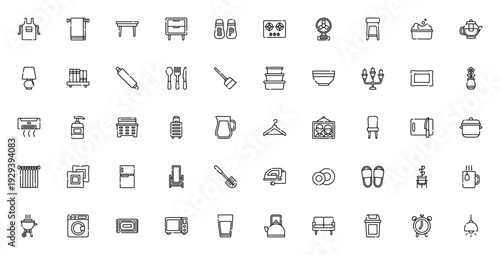 Homeware icon set. Minimalist vector collection. Includes apron, towel, sofa, fridge, microwave, kettle, vase, pillow and more. Editable stroke.