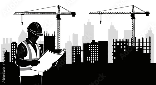 Professional construction engineer reviewing blueprints on a bustling city building site with tower cranes and new structures in silhouette