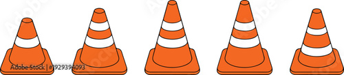 3D Traffic Cone Safety Icon Set in Orange and White Isolated on White Background Representing Road Safety, Construction Zones, Warning, and Hazard Prevention Vector Design