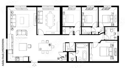 Comprehensive apartment floor plan layout with furniture and room details on isolated white background