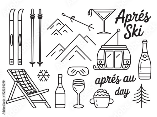 Winter ski resort equipment doodle icon set