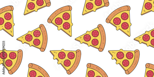 Seamless Pizza Slice Pattern Vector Featuring Pepperoni and Cheese Slices for Fast Food Background, Packaging, Menu Design, and Culinary Illustration Projects