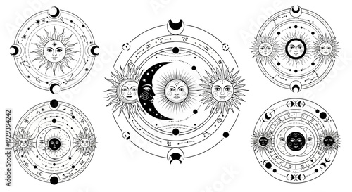 Esoteric Sun and Moon Celestial Symbols, Astrology, Mysticism, Cosmic Art