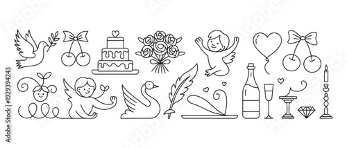 Romantic wedding and love line art icon collection