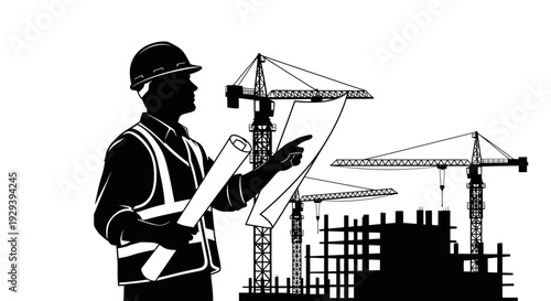 Silhouette of Construction Worker with Hard Hat and Blueprints at City Construction Site with Cranes