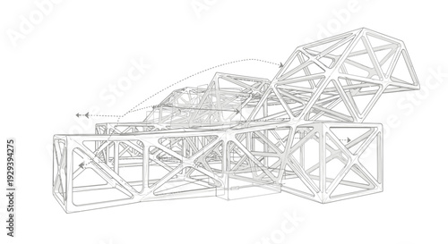Isometric Outline Drawing of Complex Structural Truss System on Isolated White Background