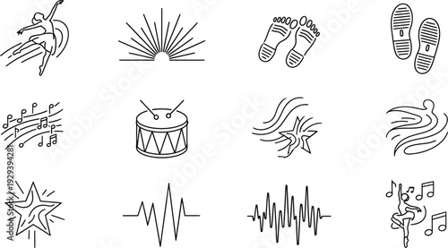 Rhythm energy dance icon set thin line icons music waves footstep swirl vector