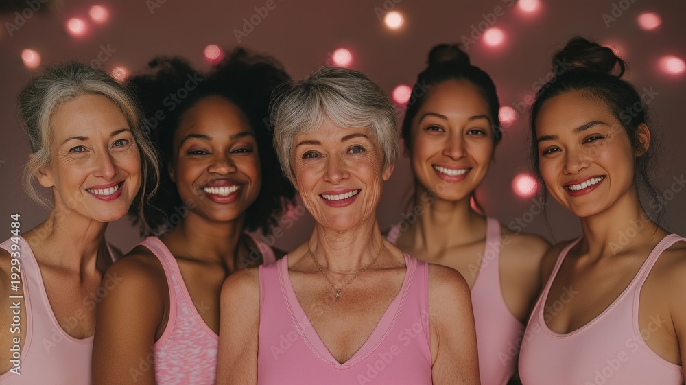Obraz premium A group of women in pink tank tops are smiling for the camera