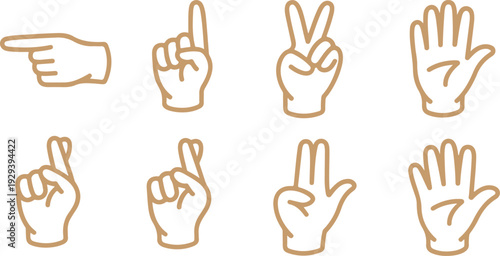 Hand Gesture Icons Collection Featuring Minimalist Line Art Hands Showing Counting and Pointing Signs Vector Illustration Set for UI, Education, and Design Projects