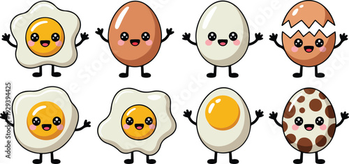 Cute Egg Cartoon Character Vector Set Featuring Fried Eggs, Boiled Eggs, and Cracked Shell Illustrations for Breakfast, Food Design, and Kids-Friendly Projects