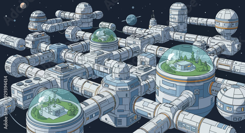 Futuristic space station habitat with biodomes, interconnected modules, and green spaces in orbit.
