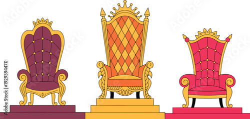 Royal Throne Chair Collection Vector Set Featuring Golden Ornate King and Queen Seats Illustration for Luxury, Palace, and Historical Interior Design Projects
