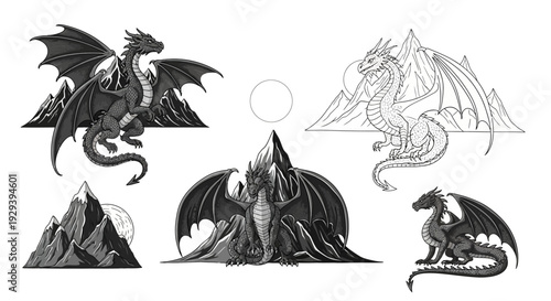 Mythical Dragons Collection: Pixel Art Designs with Mountains and Celestial Elements