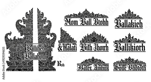 Ornate Balinese Temple Gate with Decorative Calligraphy and Floral Motifs