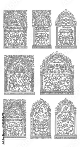 Ornate Indian Temple Relief Carvings: Intricate Stone Panels with Figures and Symbols