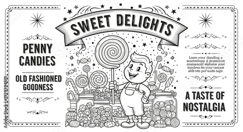 Retro Candy Shop Boy with Lollipop, Vintage Sweet Delights Nostalgia