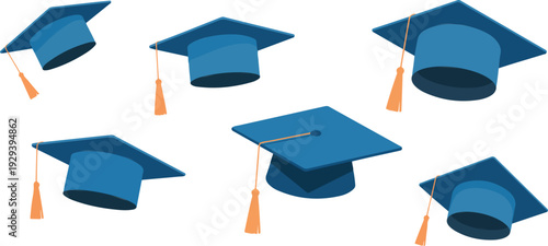 Blue Graduation Cap Icon Set Vector Illustration Featuring Academic Mortarboard Symbols Isolated on Clean Background for Education, Graduation, and School Design Projects