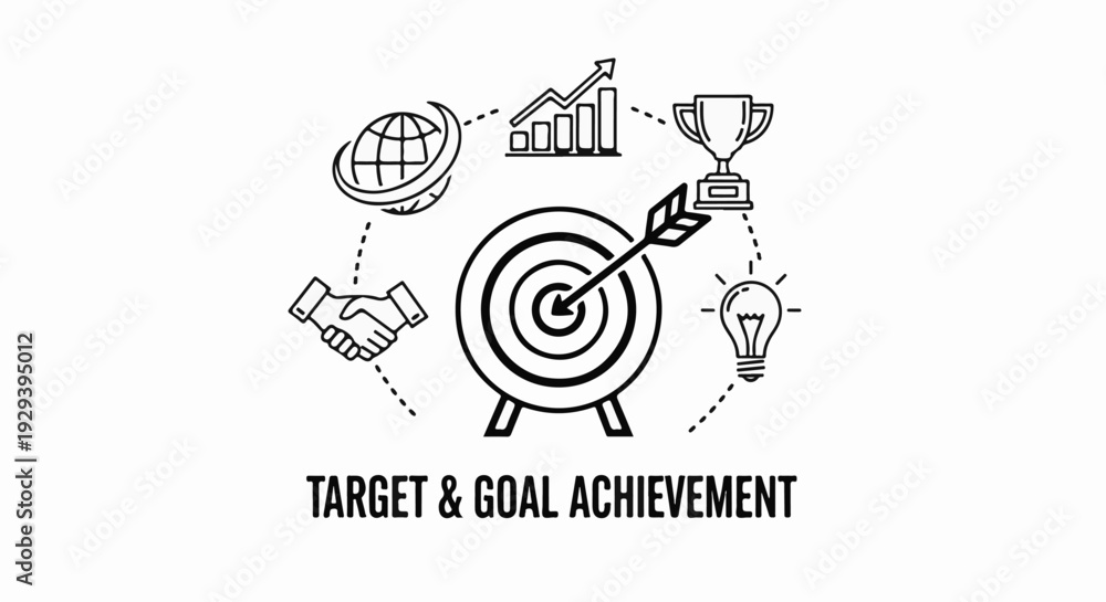 Obraz premium A stylized depiction of target and goal achievement, featuring icons representing global reach, growth, success, innovation, and collaboration