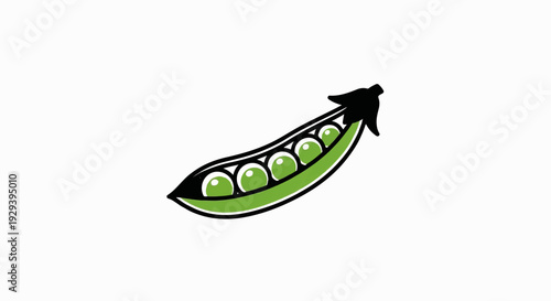 A stylized illustration of a green pea pod with six round peas inside