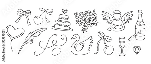 Romantic wedding and love line art icon collection