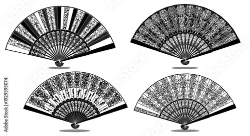 Set of Four Ornate Japanese Fans, Black and White Decorative Elements