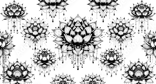 vector lotus flower pattern floral, background, seamless, design, blossom, water, lily, oriental, ornament, nature, zen
