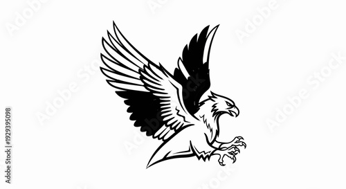 A stylized black and white drawing of a bird of prey in mid-flight