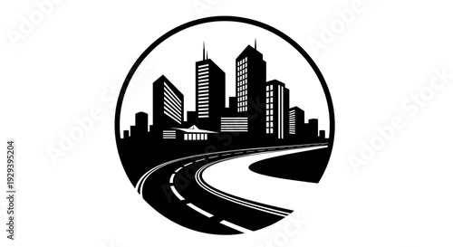 Tableau sur toile Stylized Urban Landscape with Winding Road in Circular Frame.