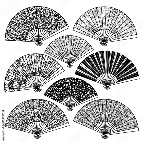 Set of vintage Japanese folding fans with intricate patterns, black and white illustration
