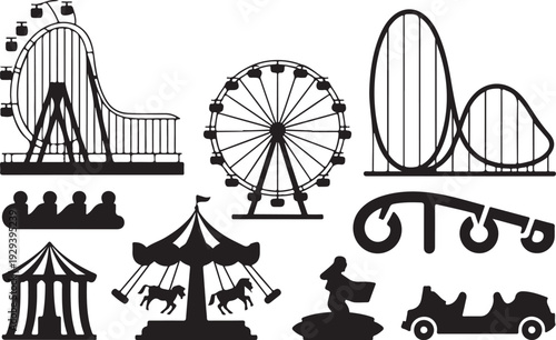 Black silhouettes of amusement park rides and attractions