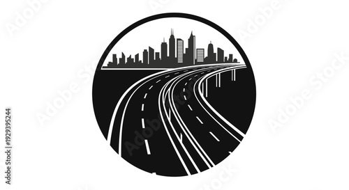 Urban Highway Leading to City Skyline in a Circular Frame.