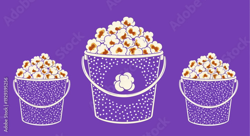 Three Popcorn Buckets Filled with Popcorn on Purple Background