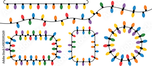 Christmas String Lights Collection Vector Illustration Set Featuring Colorful Festive Bulbs in Cartoon Style Isolated on White Background for Holiday, Party, and Seasonal Designs