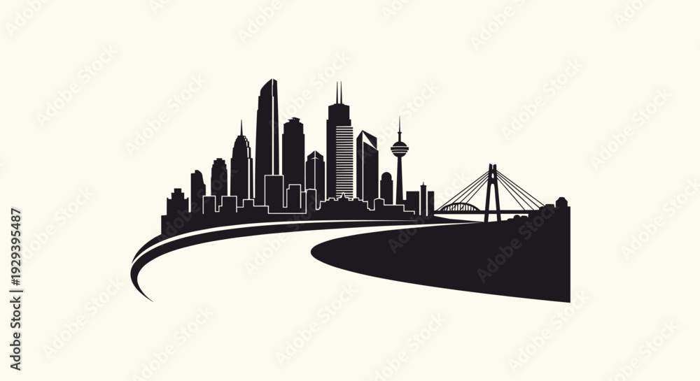 Fototapeta premium Modern City Skyline with Bridge and Road Silhouette.