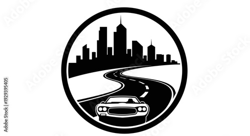 Classic Car Driving on Winding Road Towards City Skyline.