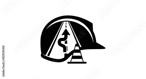Construction safety helmet with road and traffic cone icon.