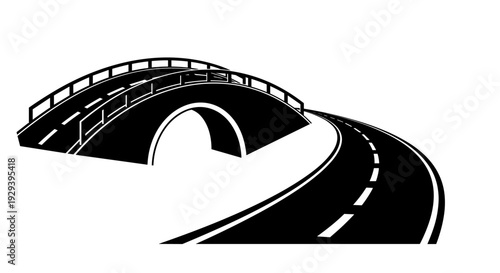 Curved Road and Arch Bridge Black and White Illustration.